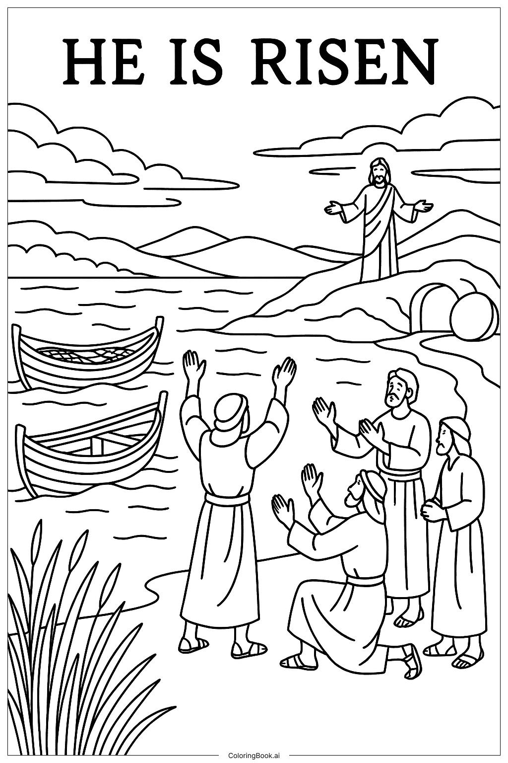  Página para colorear de Él ha resucitado pescadores en la orilla 