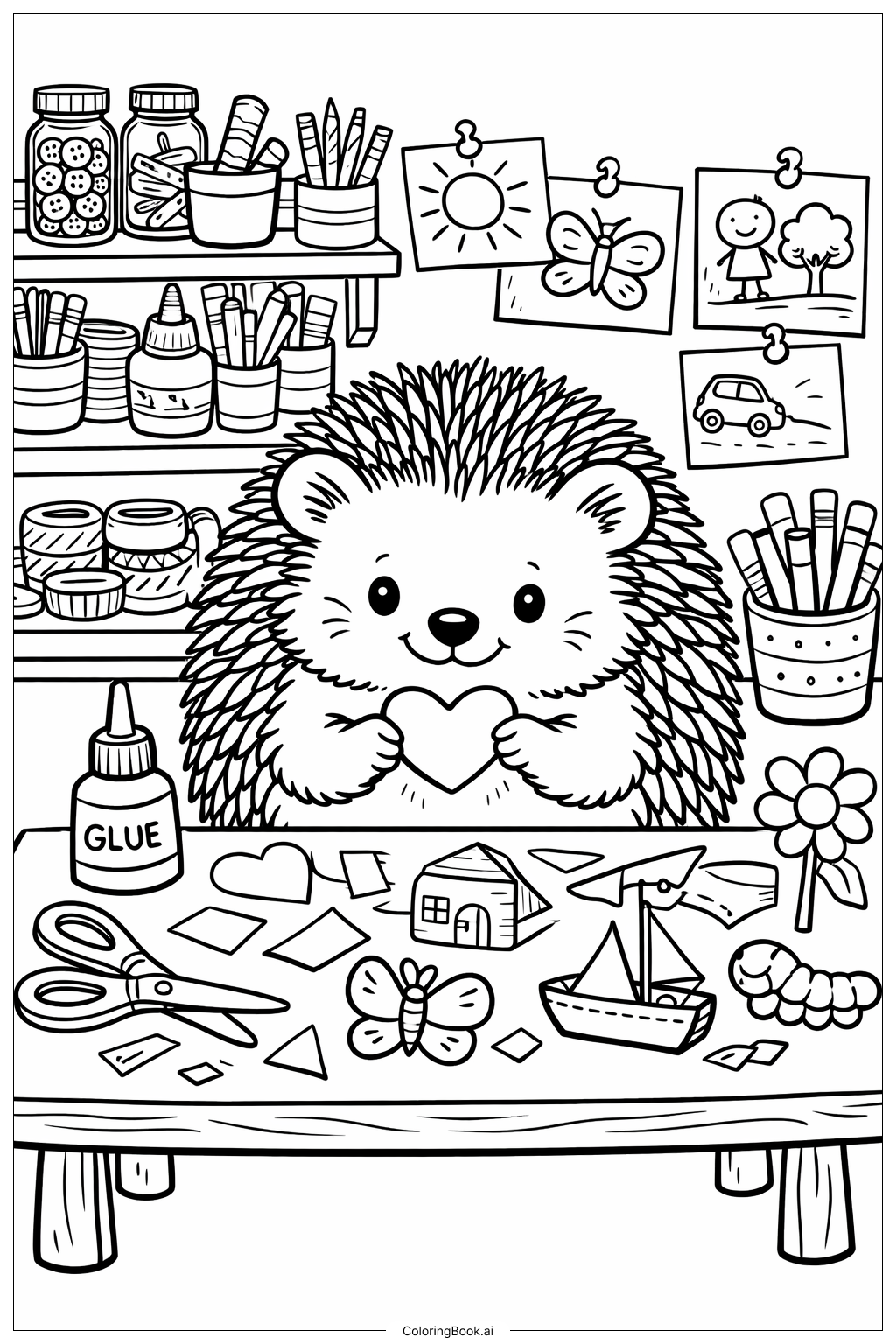 Page de coloriage Atelier de bricolage Hérisson