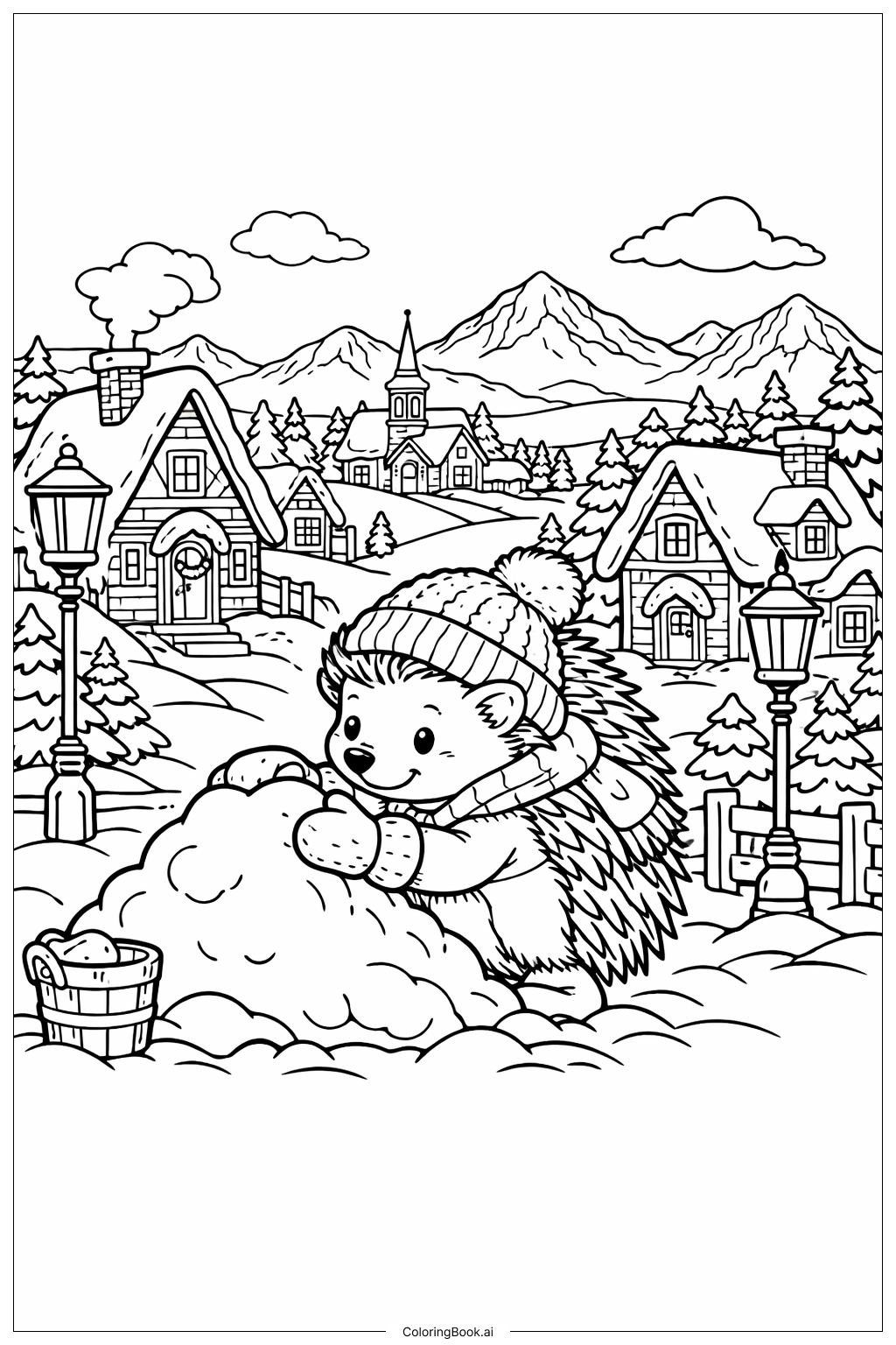  Igel im verschneiten Dorf Ausmalseite 