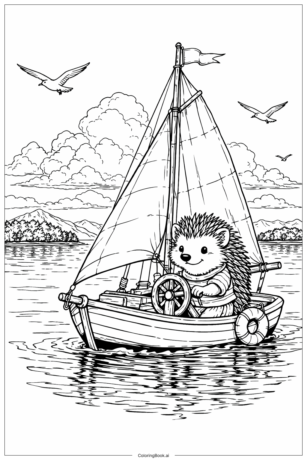 Page de coloriage Aventure du Hérisson en Voilier