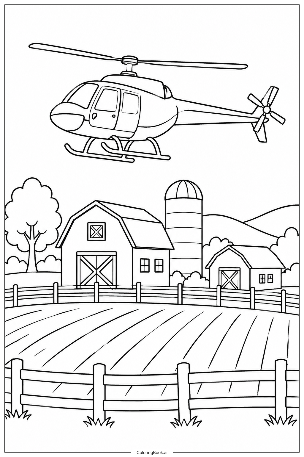  Hubschrauber über dem Bauernhof Ausmalseite 