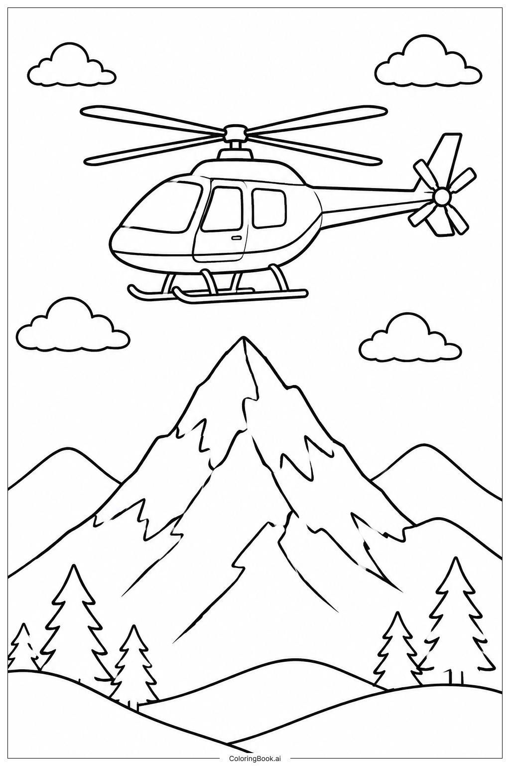 直升機飛越山峰著色頁 