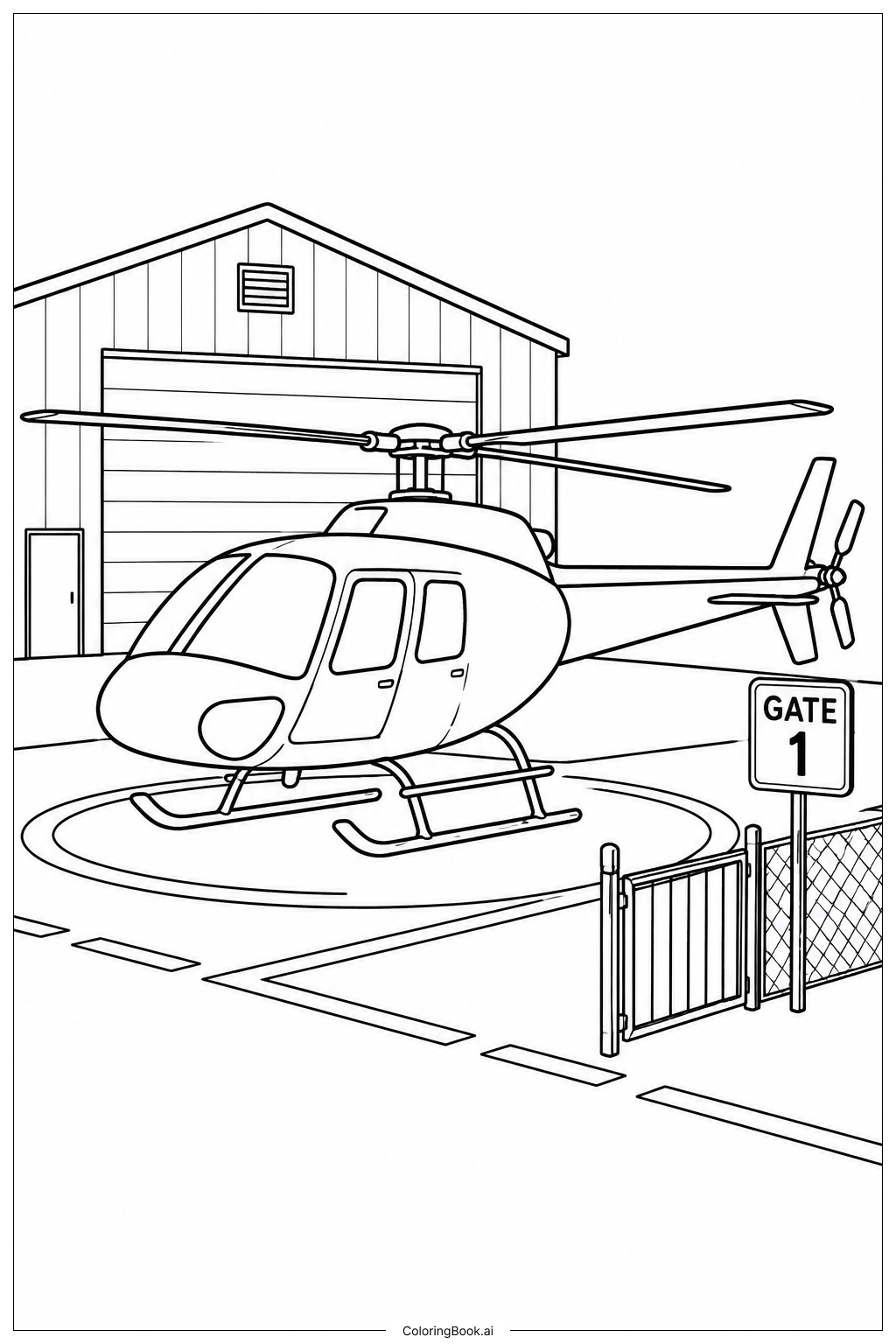  Hubschrauber am Flughafen-Gate Ausmalseite 
