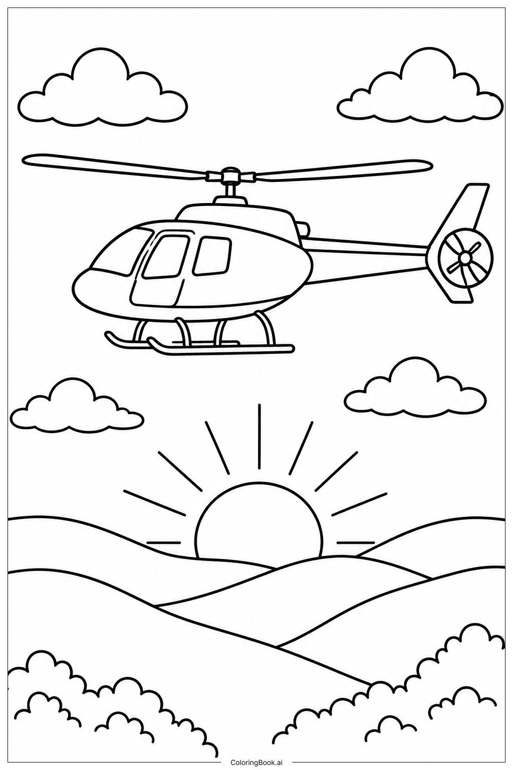  Hubschrauber beim Sonnenuntergang Ausmalseite 