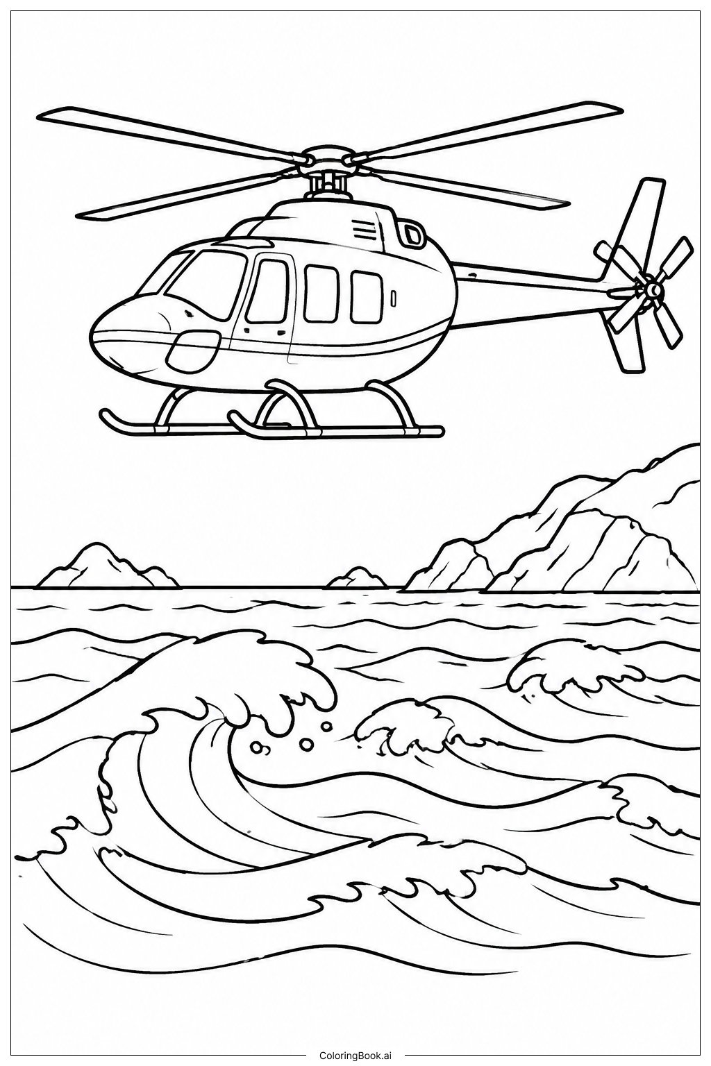  Página para colorear de Helicóptero sobre las olas del océano 