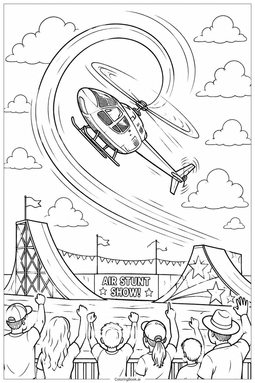  Página para colorear de Helicóptero realizando acrobacias aéreas 