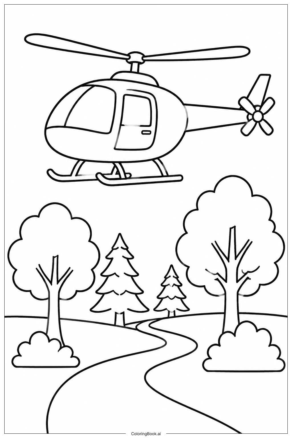  Hubschrauber mit einfachen Bäumen Ausmalseite 