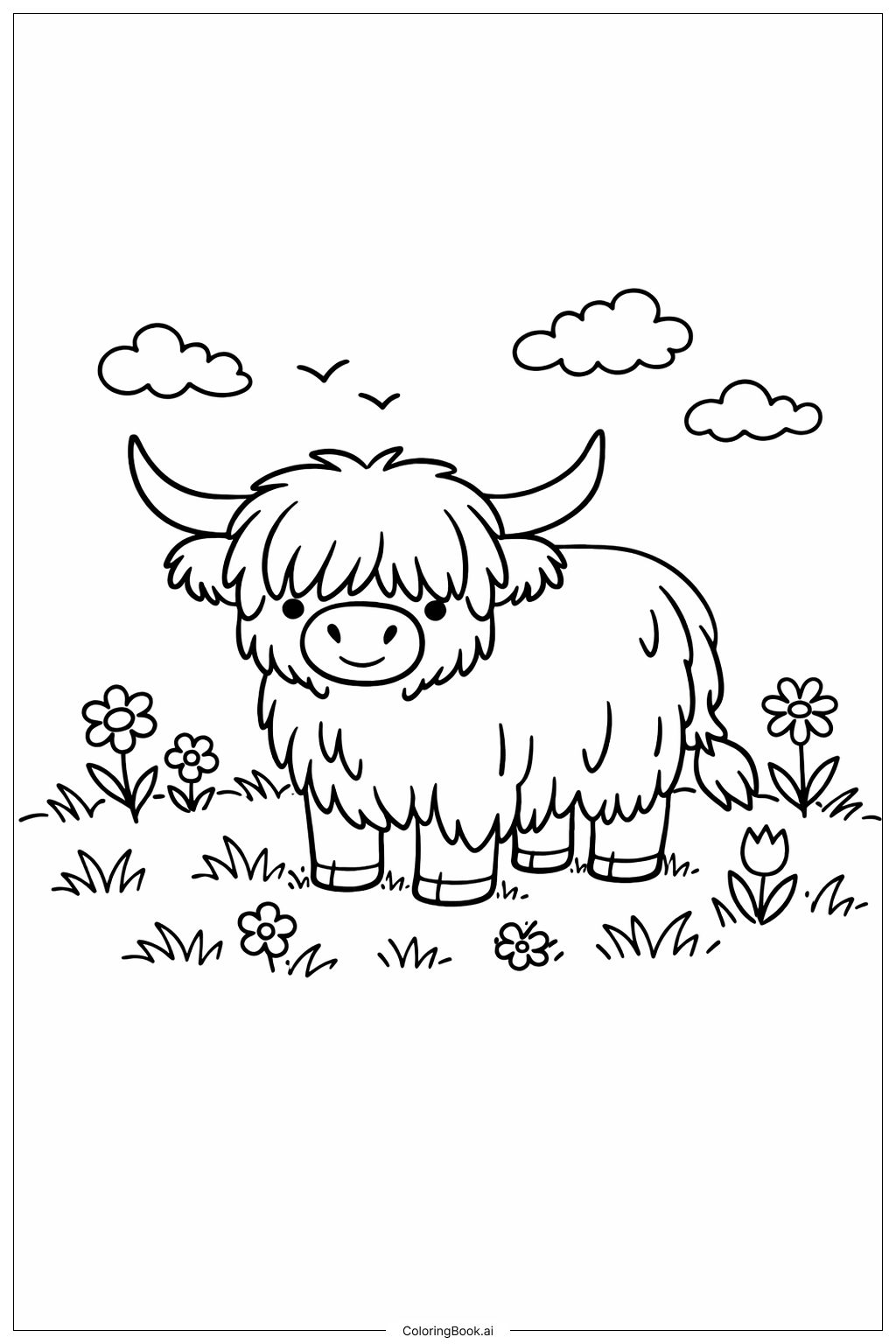 高地牛在草地上著色頁 