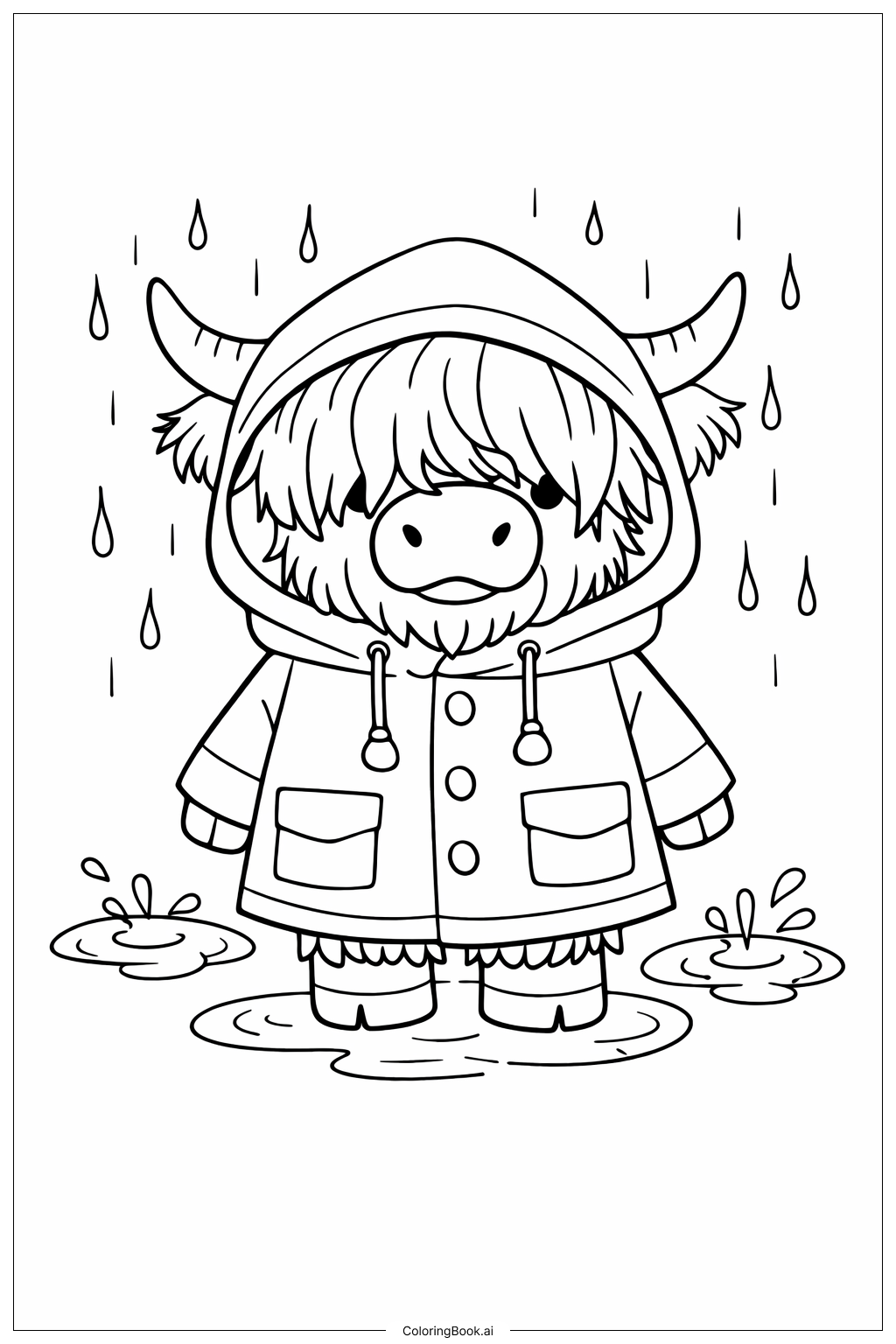  穿雨衣的高地牛著色頁 