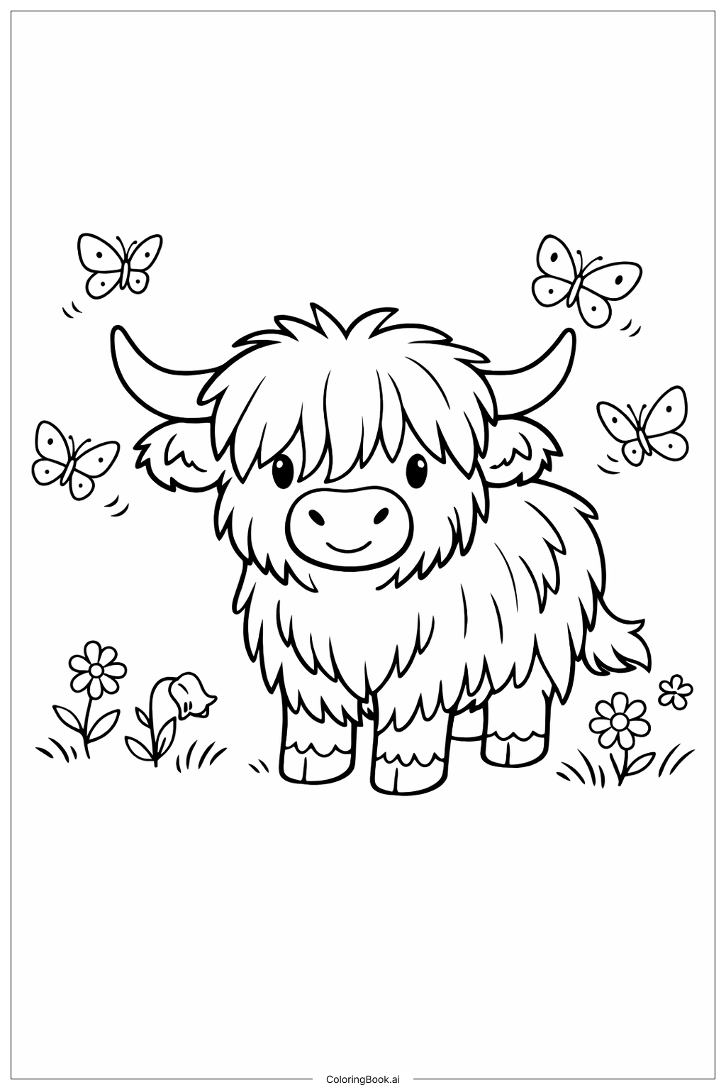  蘇格蘭高地牛與蝴蝶著色頁 