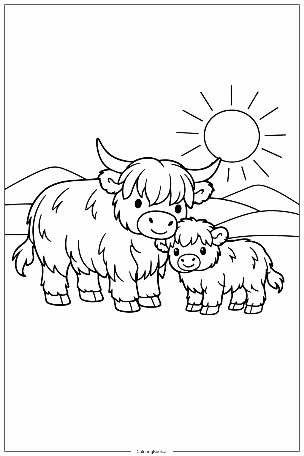  高地牛與小牛著色頁 