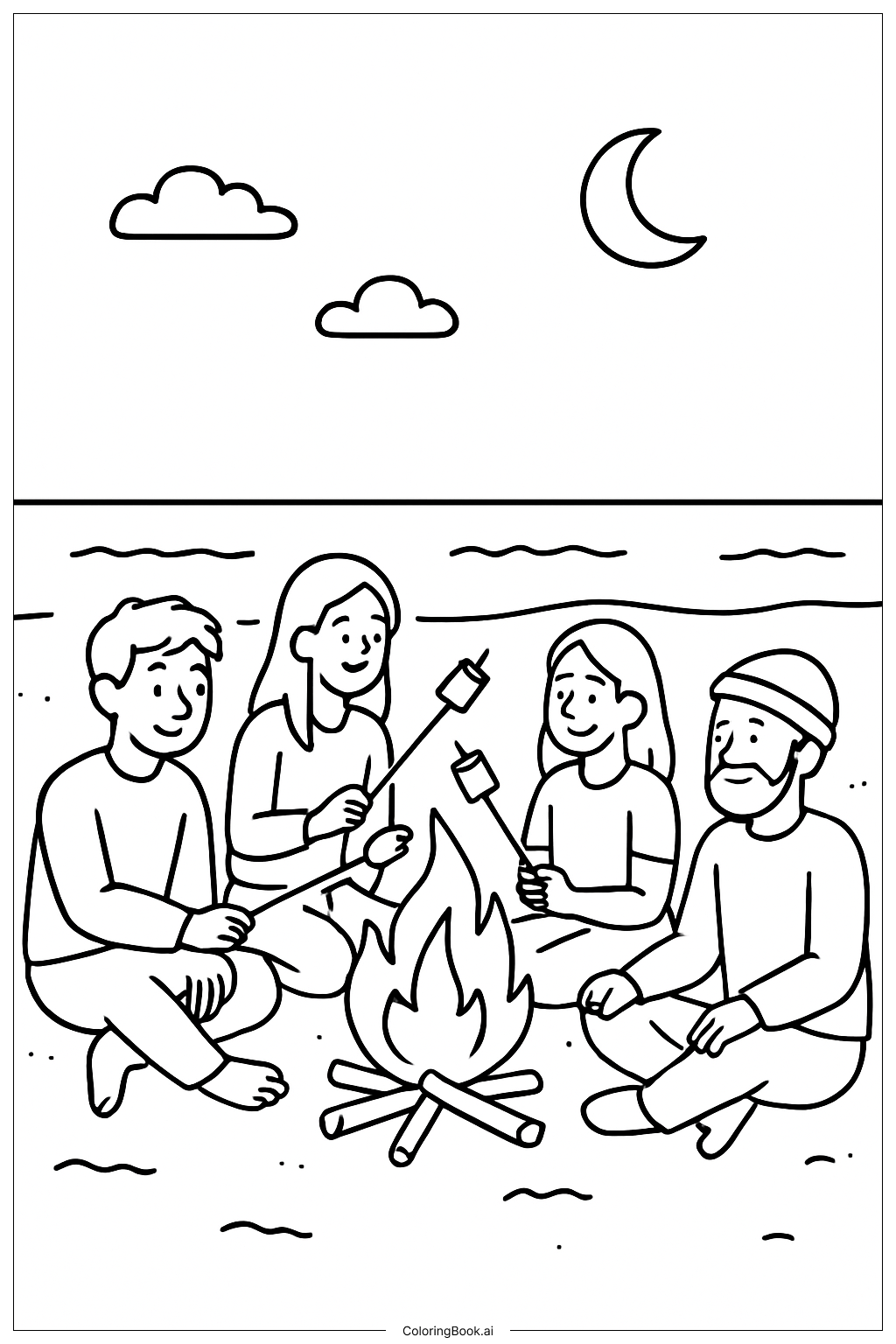  Página para colorear de Fogata en la Playa durante las Vacaciones 