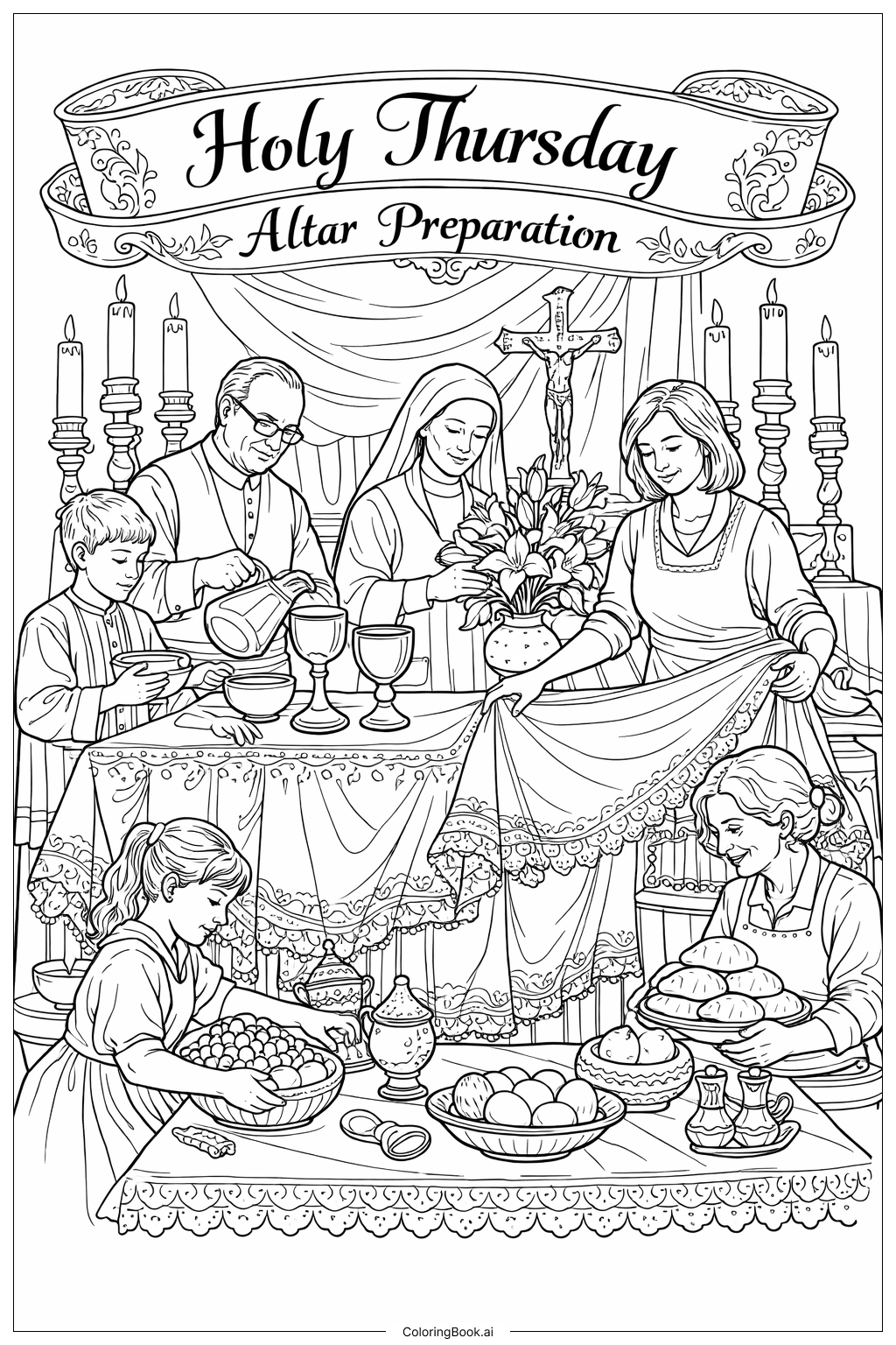 Página para colorear de Preparación del altar del Jueves Santo