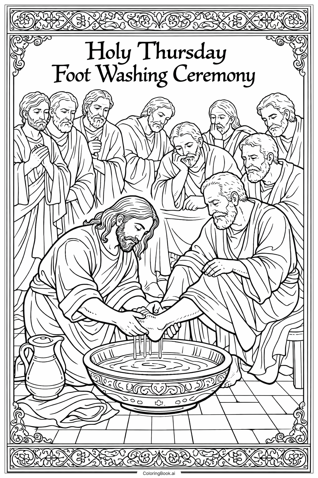 Página para colorear de Ceremonia de Lavado de Pies del Jueves Santo