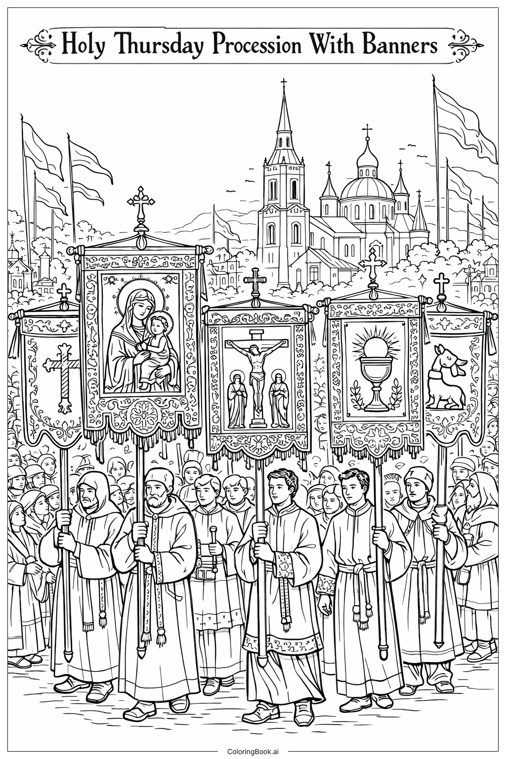 Página para colorear de Procesión del Jueves Santo con Banderas