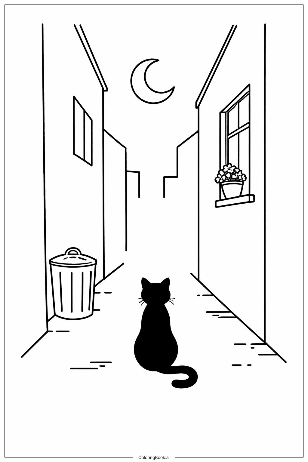 ホラー・黒猫の路地の塗り絵ページ