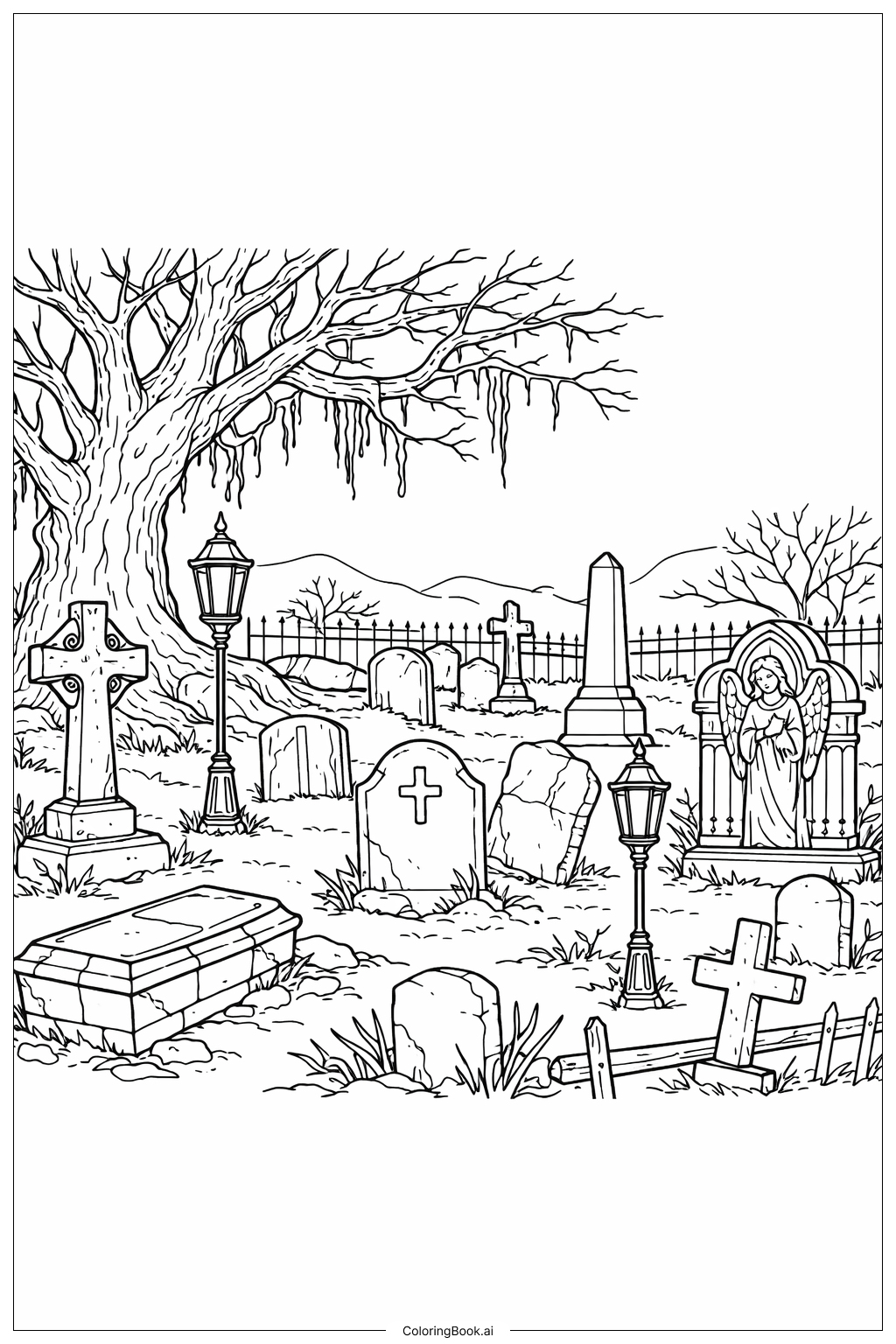  ホラー墓場のシーンの塗り絵ページ 