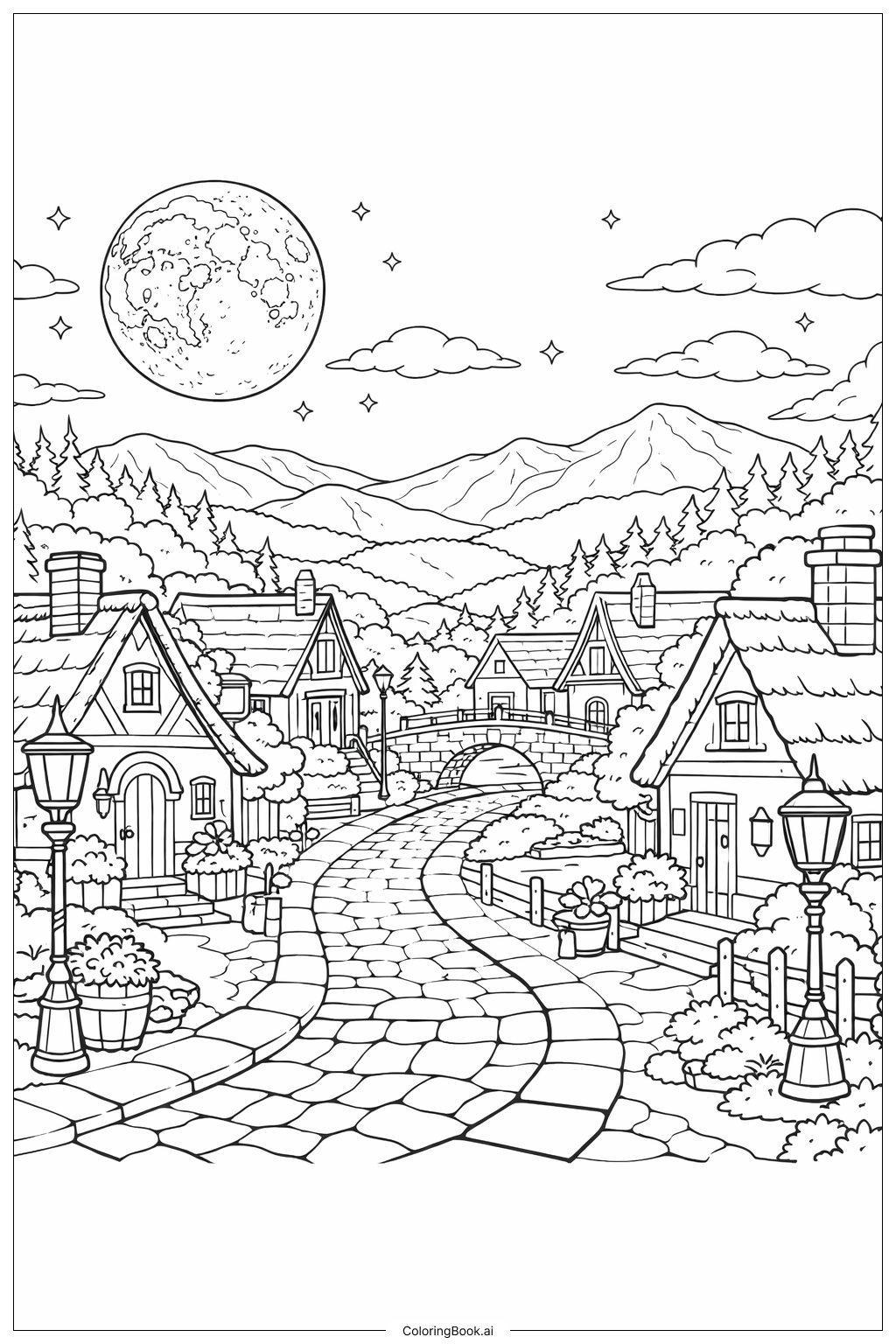  Página para colorear de Pueblo de Terror a la Luz de la Luna 