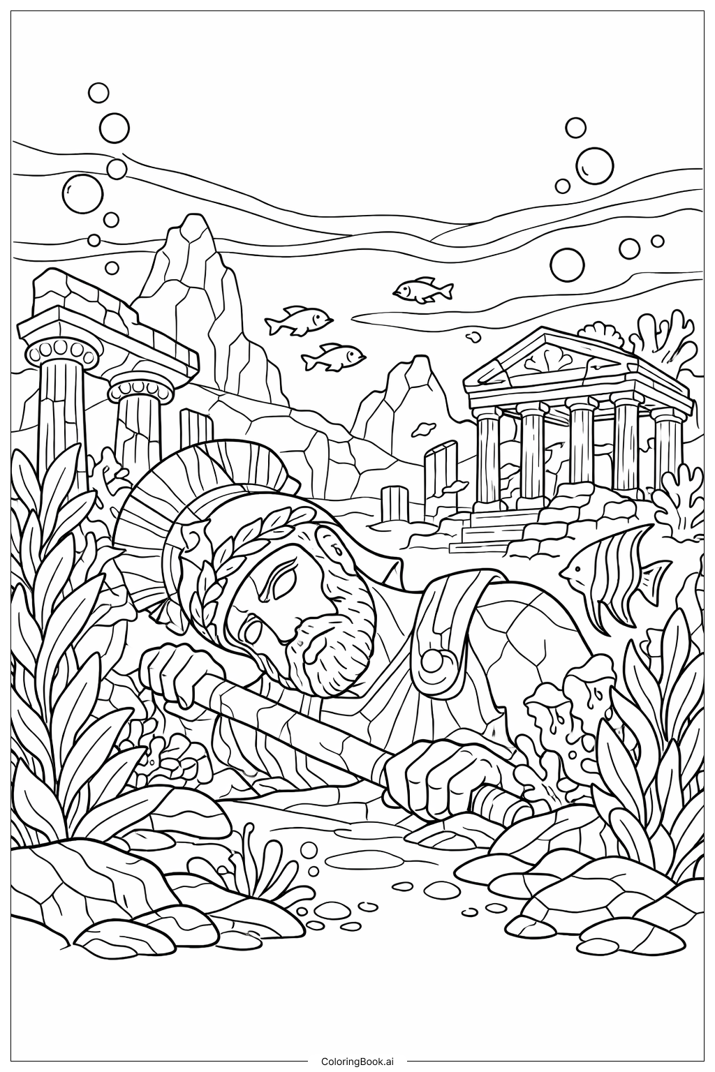 Gruselige Unterwasser-Ruinen Ausmalseite