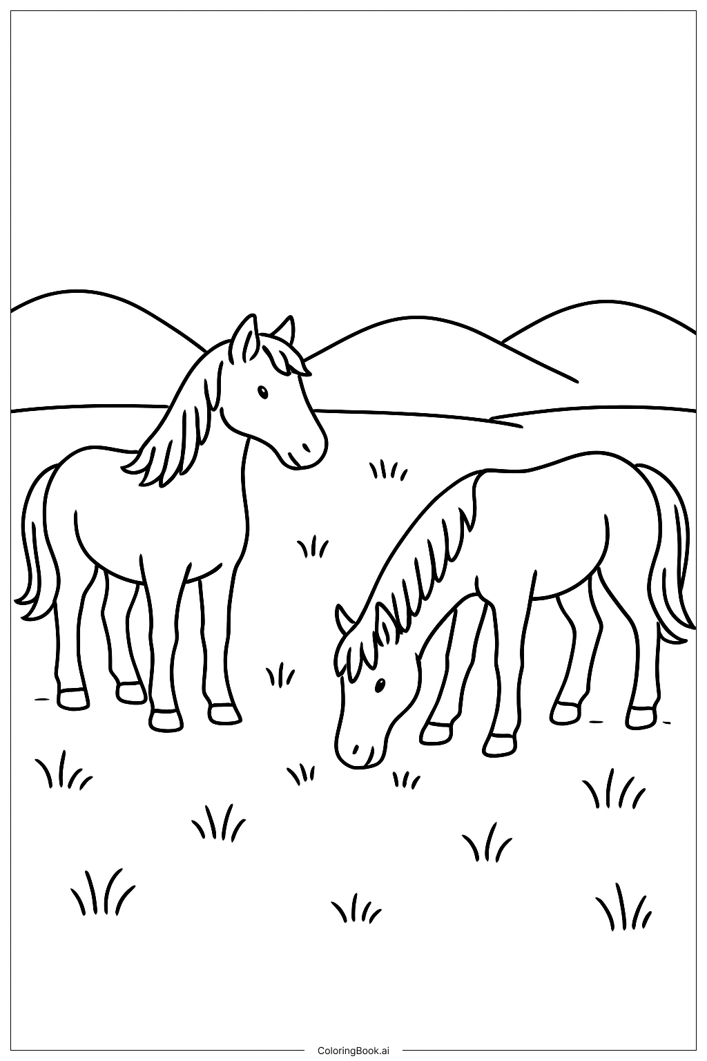  Horses In Meadow Coloring Page 