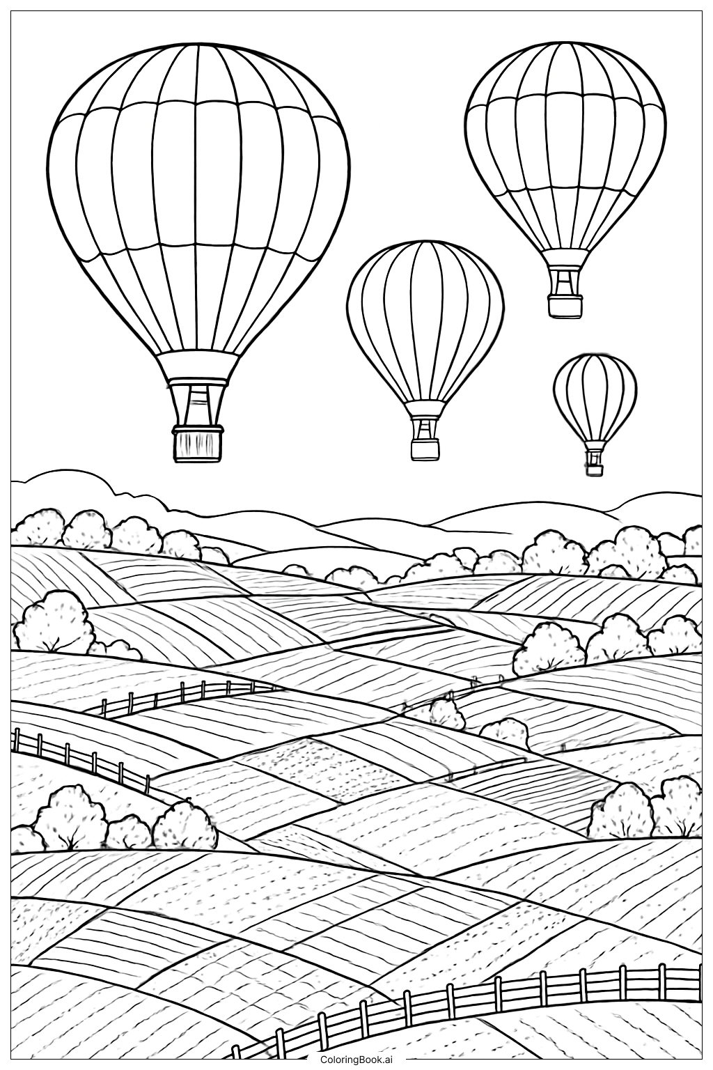  Heißluftballons über einem Flickenteppich aus Feldern Ausmalseite 