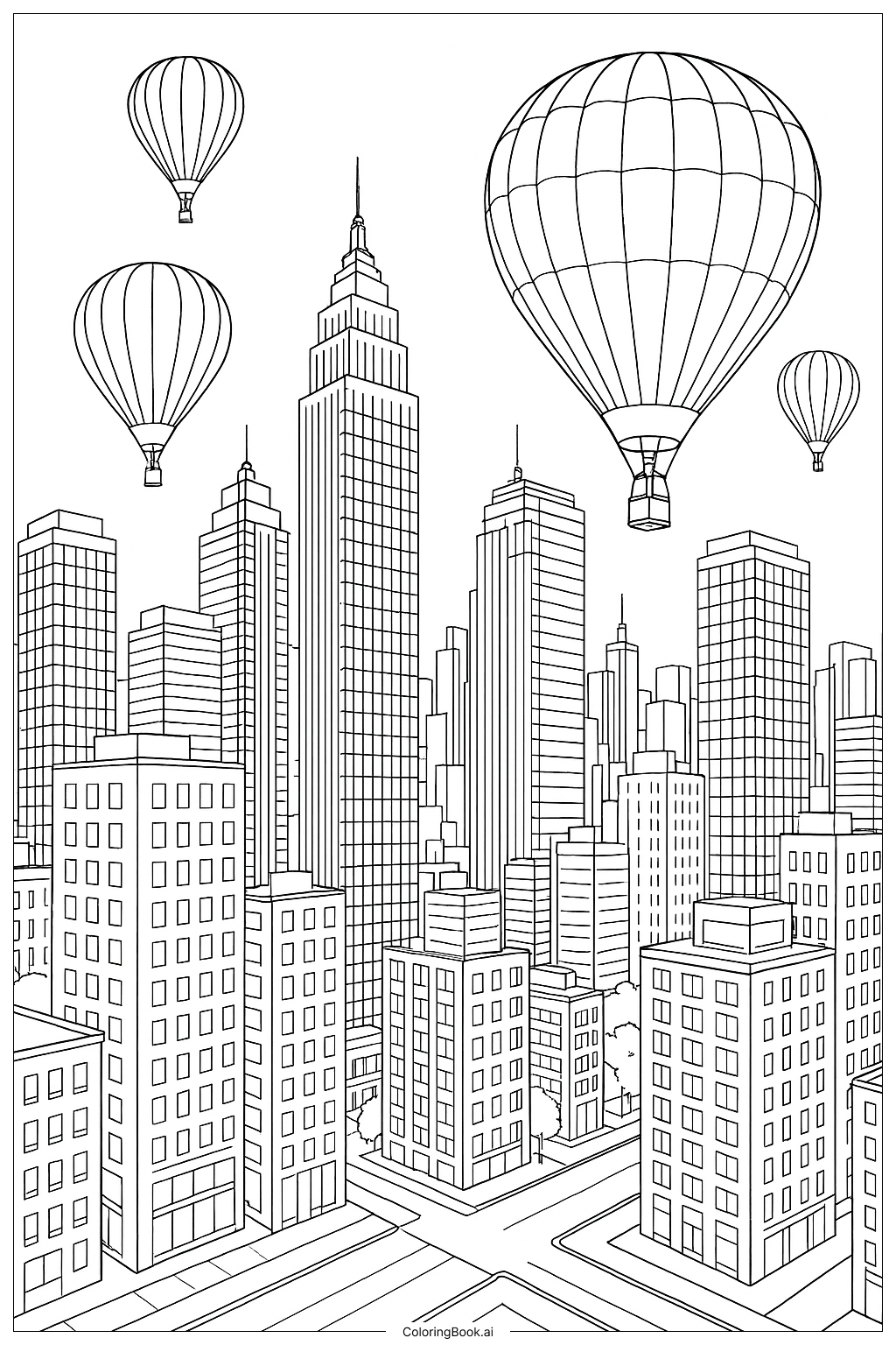 Heißluftballons zwischen hohen Wolkenkratzern