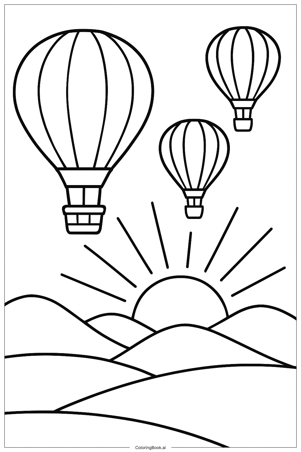  Heißluftballons bei Sonnenaufgang Ausmalseite 