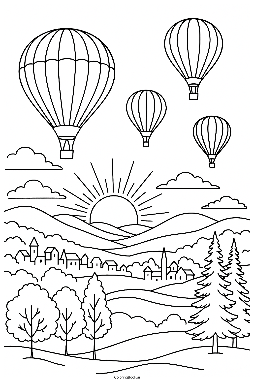  Heißluftballons bei Sonnenuntergang Panorama Ausmalseite 