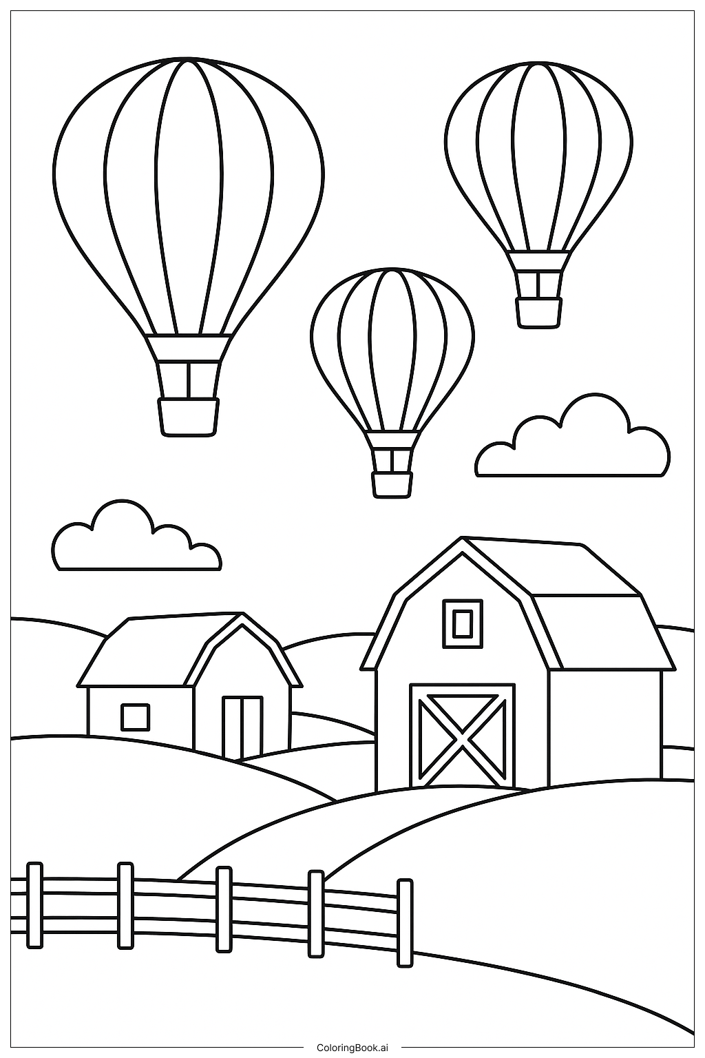  Heißluftballons schweben über dem Bauernhof Ausmalseite 