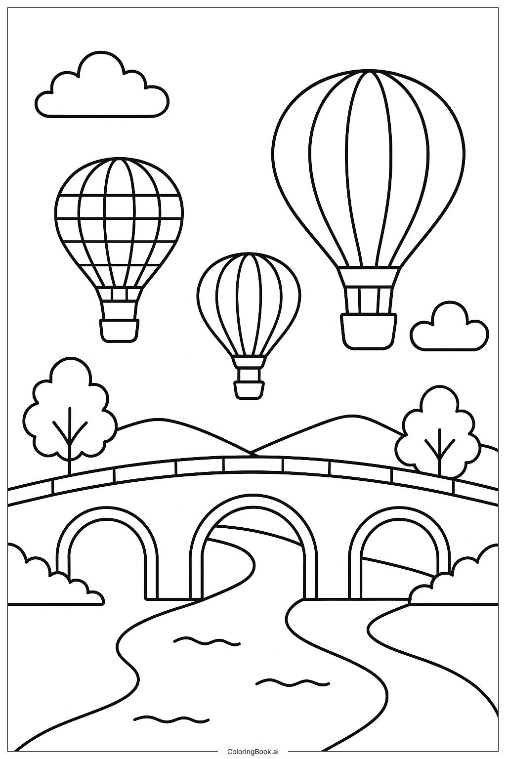  Heißluftballons fliegen über eine Brücke Ausmalseite 