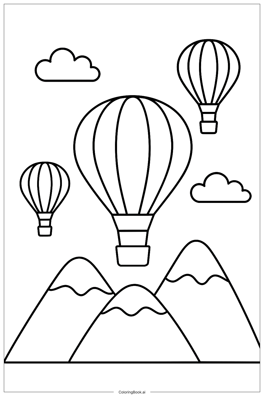  Heißluftballons in der Nähe von Bergen Ausmalseite 