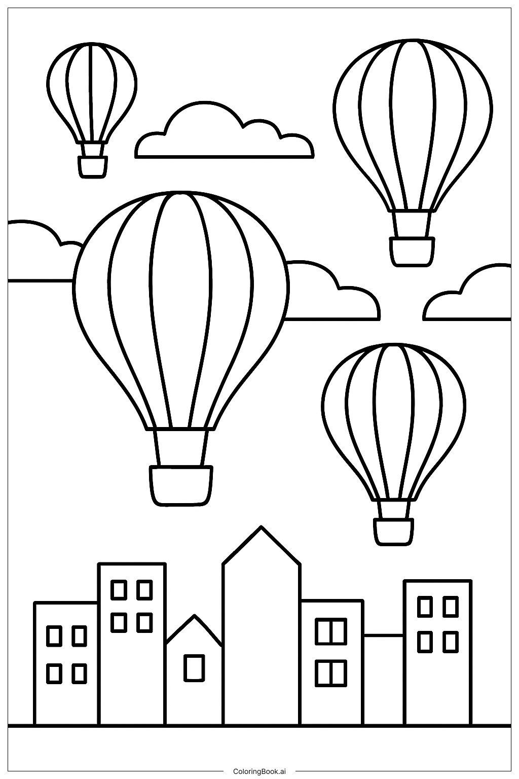  Heißluftballons über der Stadtsilhouette Ausmalseite 