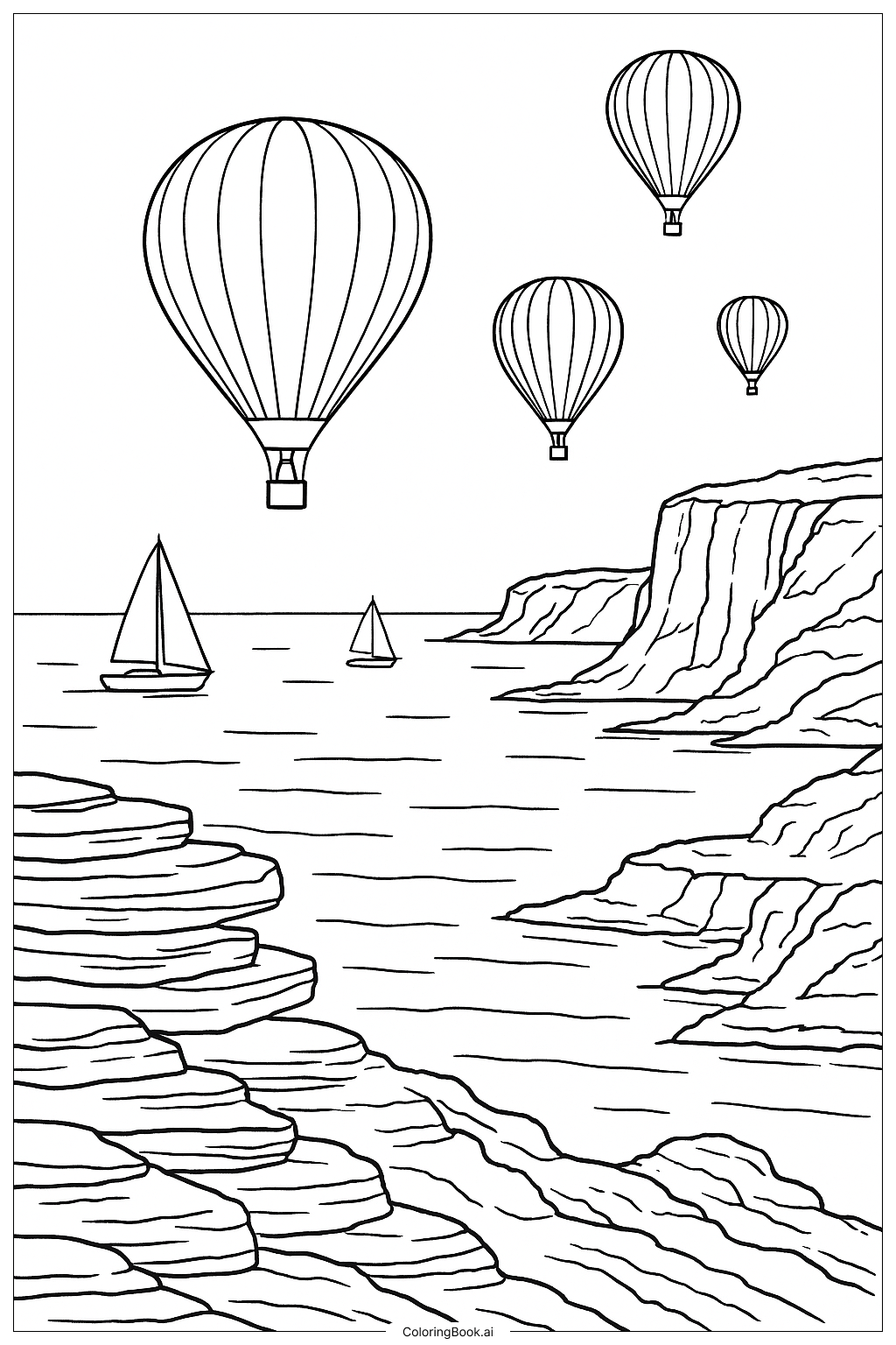  Heißluftballons über Küstenklippen Ausmalseite 