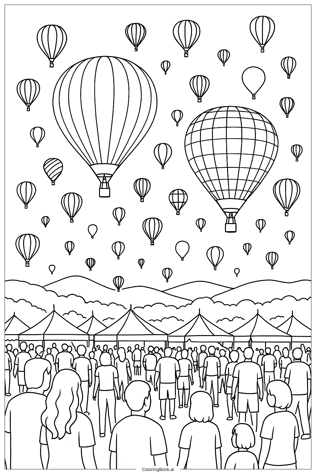  Heißluftballons über dem Festivalhorizont Ausmalseite 