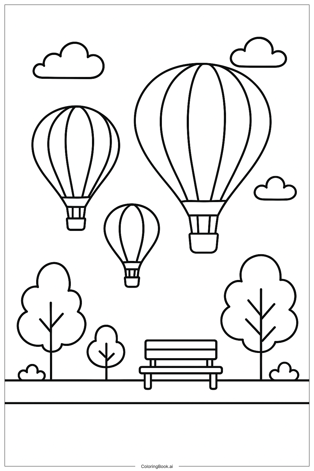  Heißluftballons über dem Park Ausmalseite 