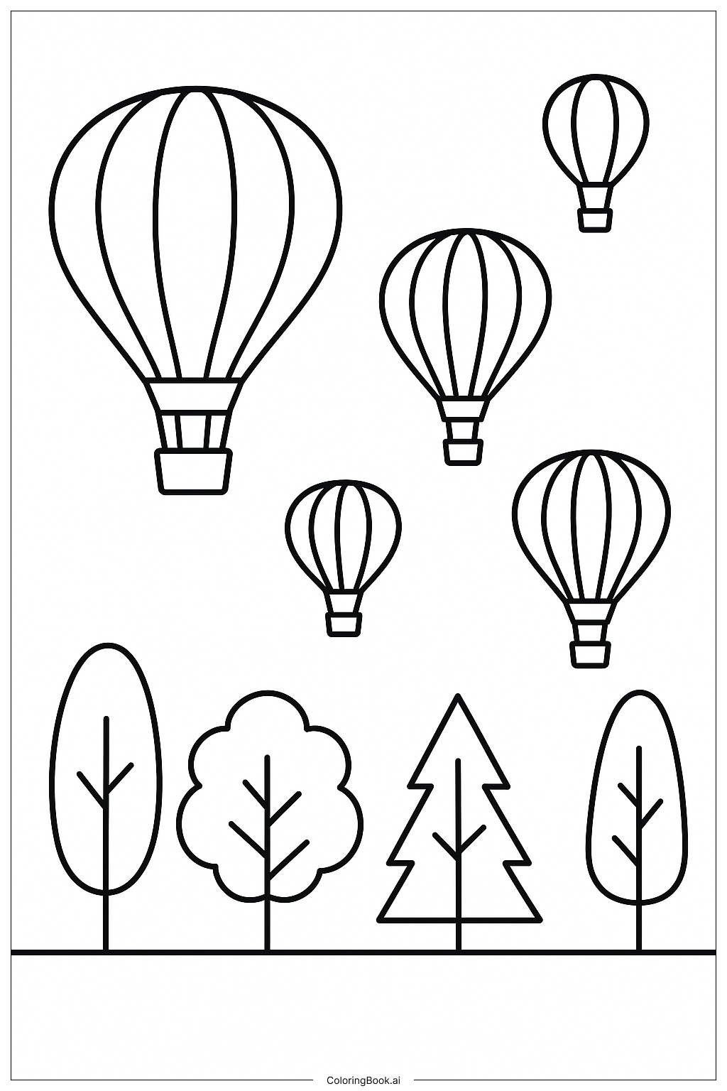  Heißluftballons überqueren Bäume Ausmalseite 
