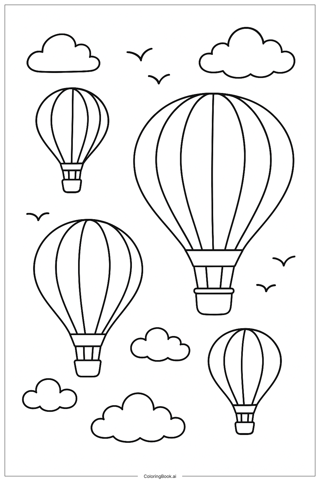  Heißluftballons mit Vögeln Ausmalseite 