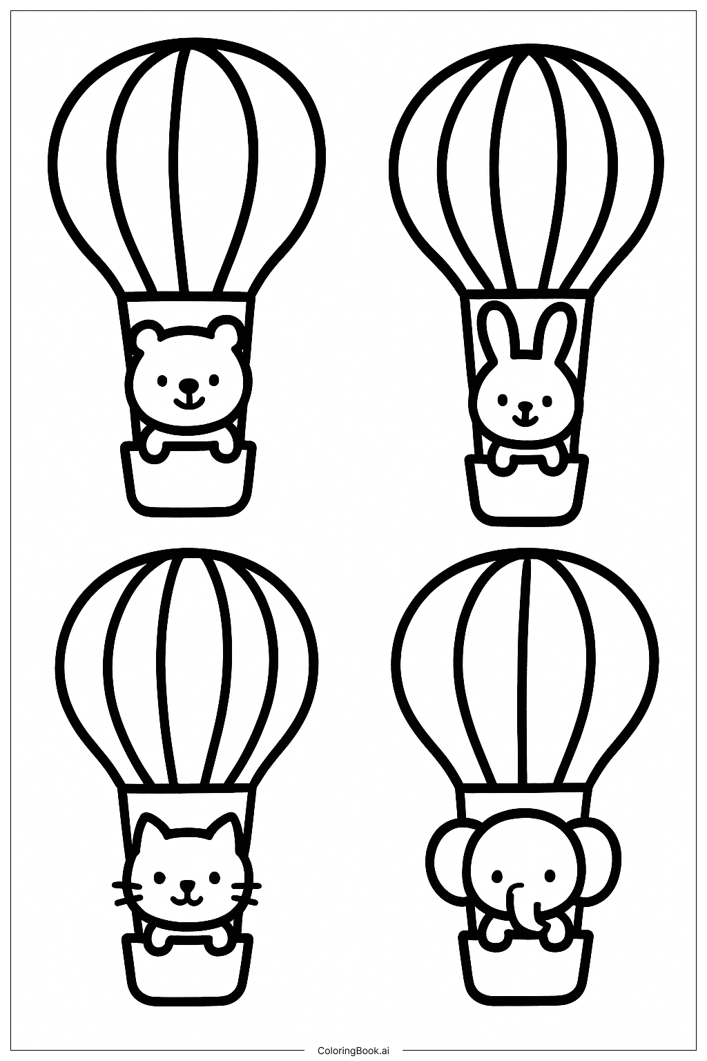  Heißluftballons mit niedlichen Tieren Ausmalseite 