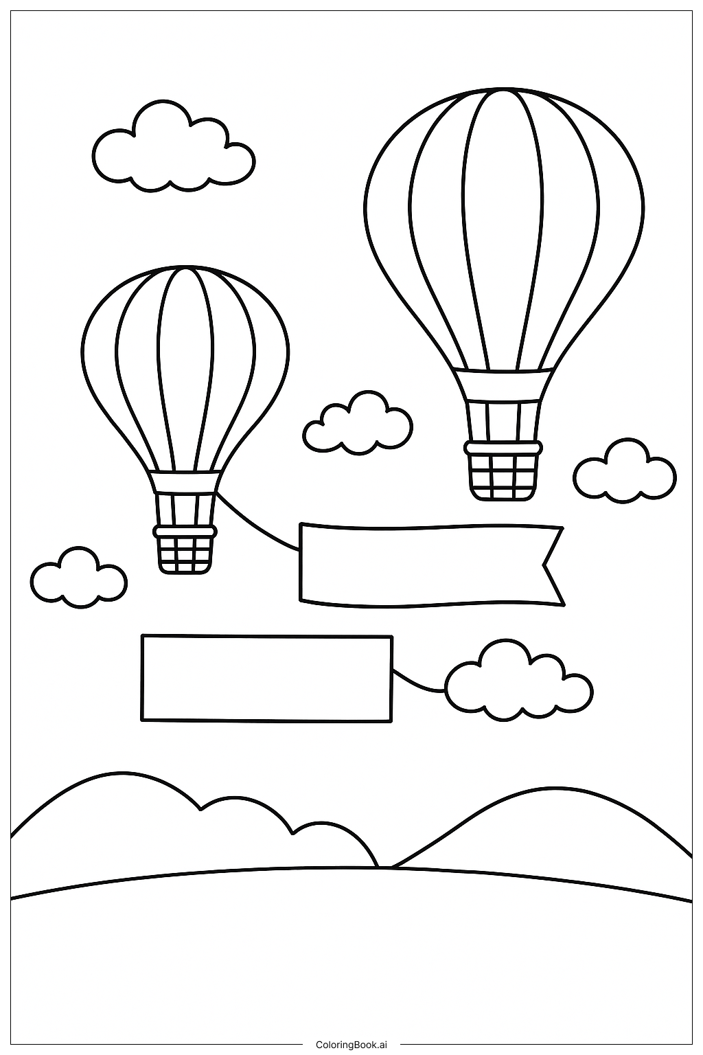  Heißluftballons mit schwebenden Bannern Ausmalseite 