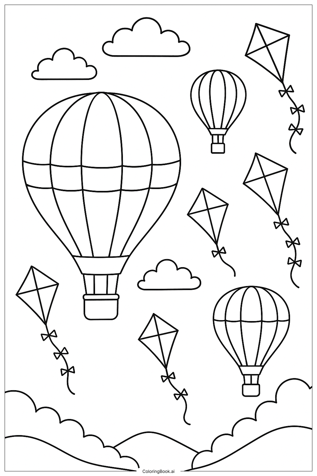  Heißluftballons mit Drachen Ausmalseite 