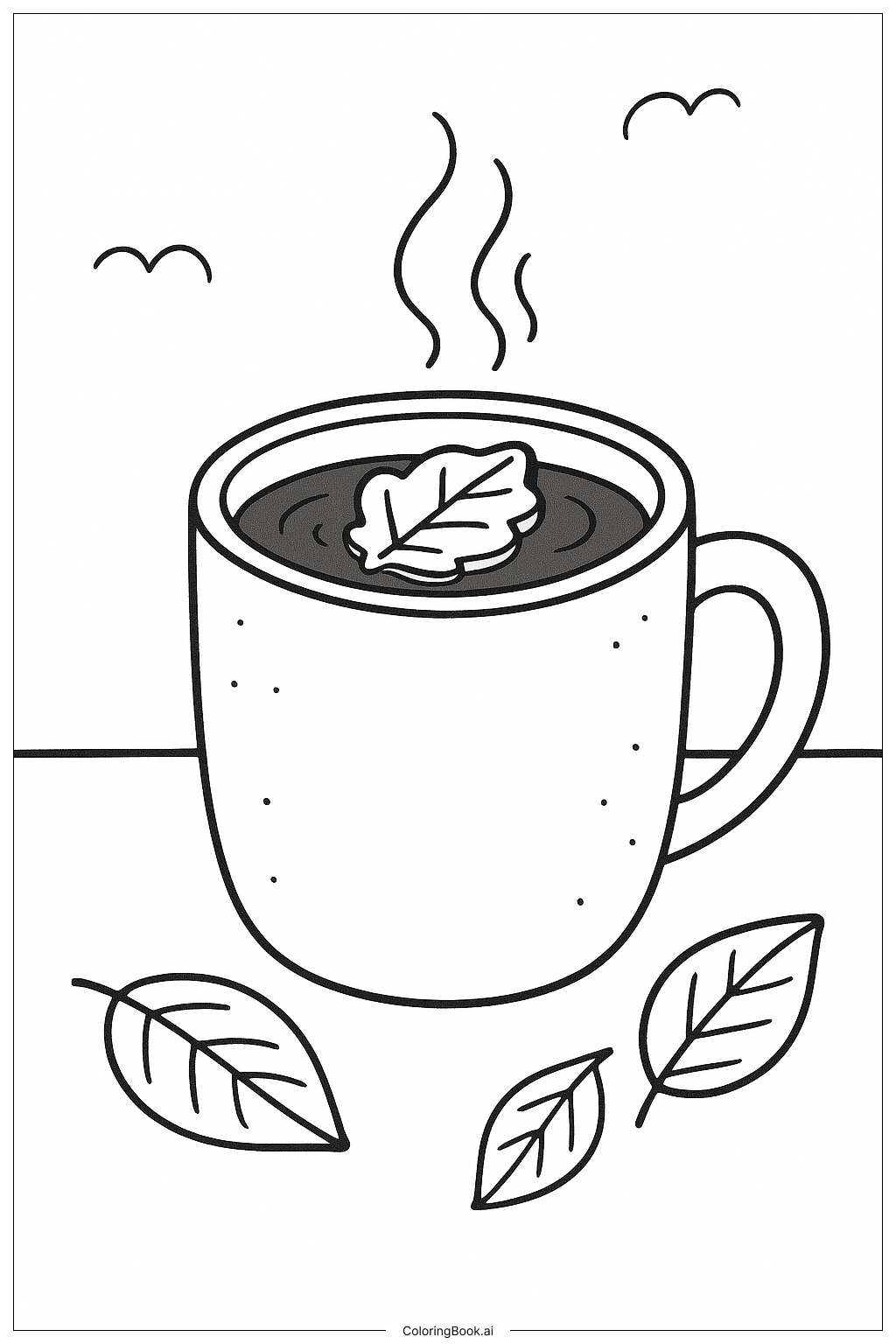 Página para colorir de Caneca de Chocolate Quente com Folhas de Outono
