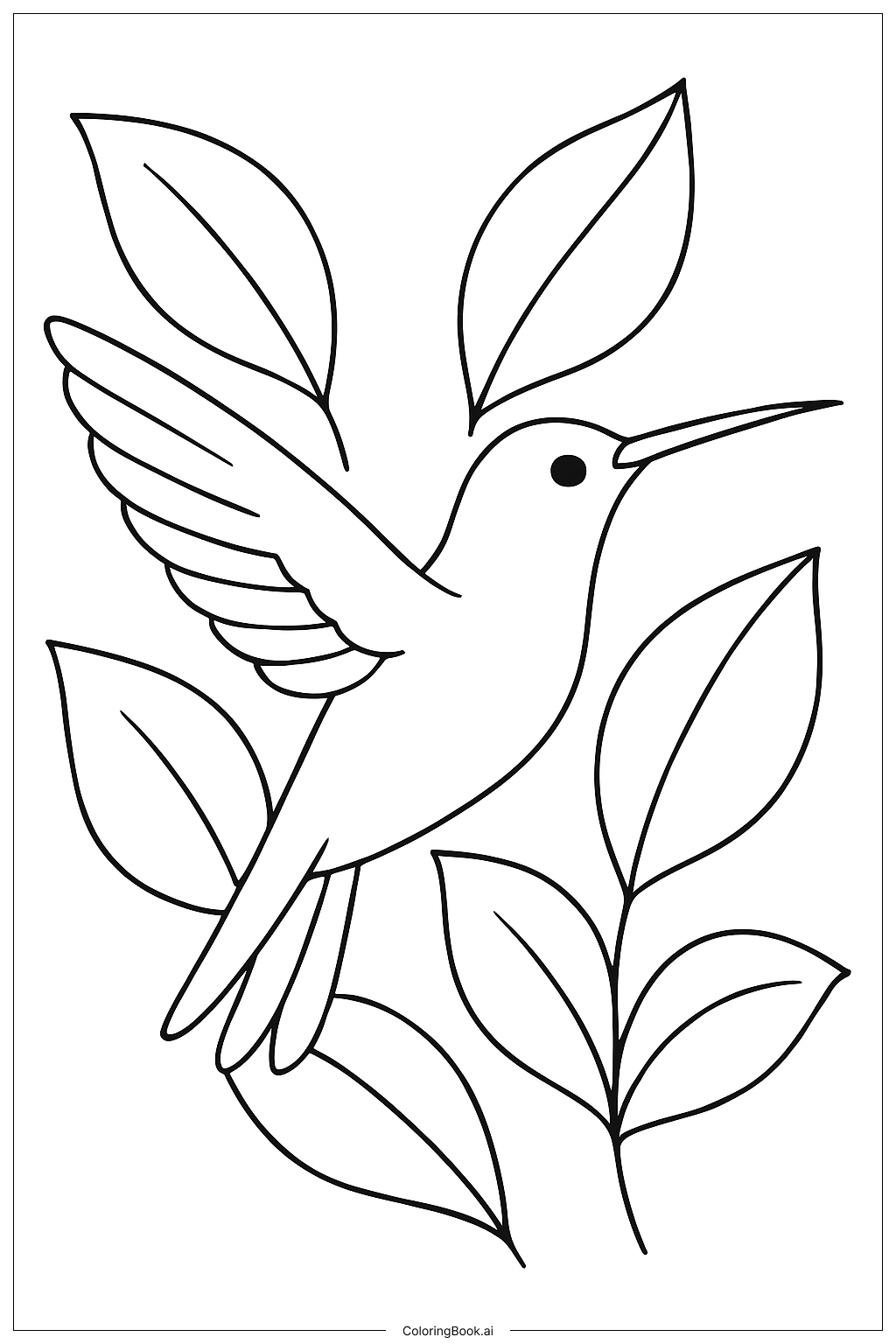 Página para colorear de Colibrí entre grandes hojas