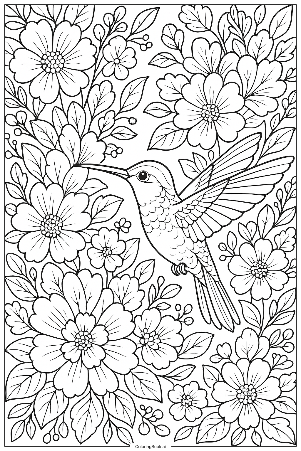 Página para colorear de Colibrí y Ramo de Flores Intrincadas