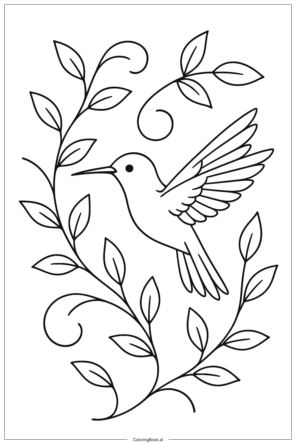 Página para colorear de Colibrí entre Ramas de Vid