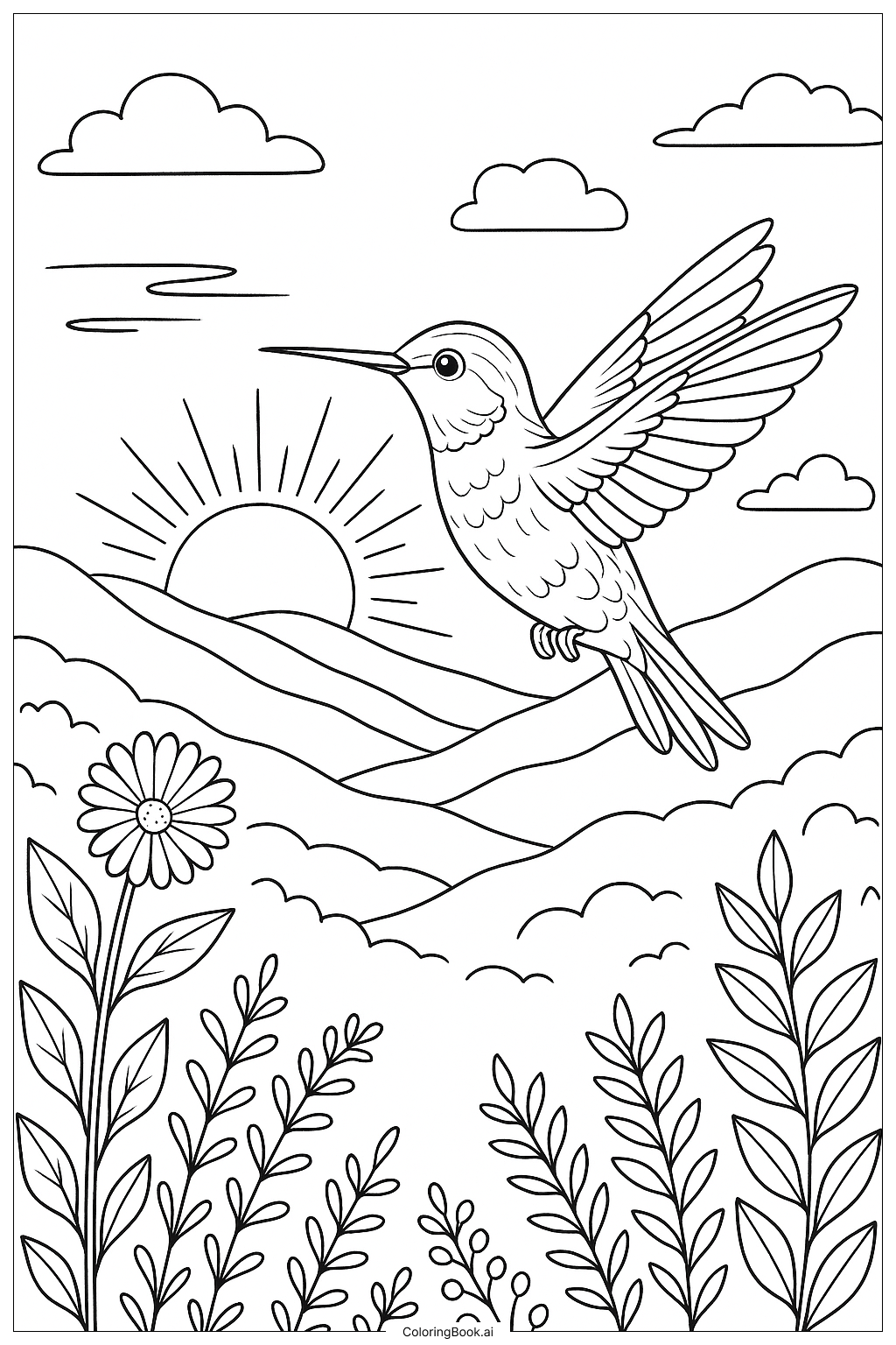 Hummingbird At Sunrise Over Valley Coloring Page 