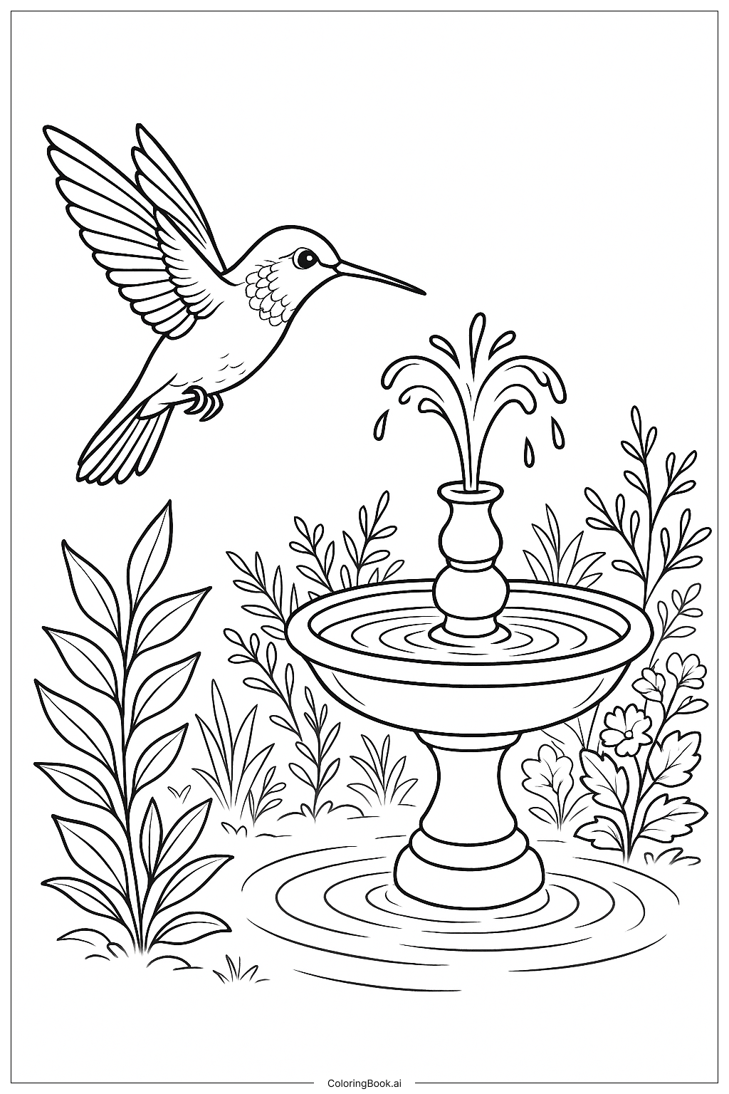 Hummingbird Hovering By Fountain Coloring Page