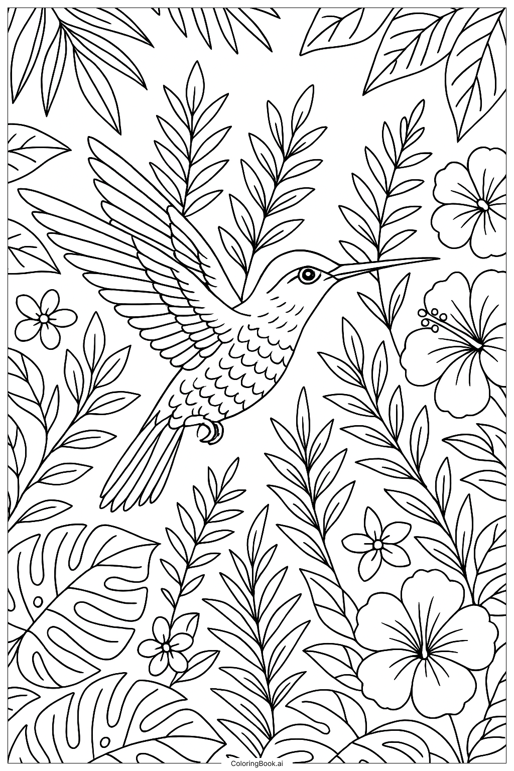  Hummingbird In Tropical Jungle Coloring Page 