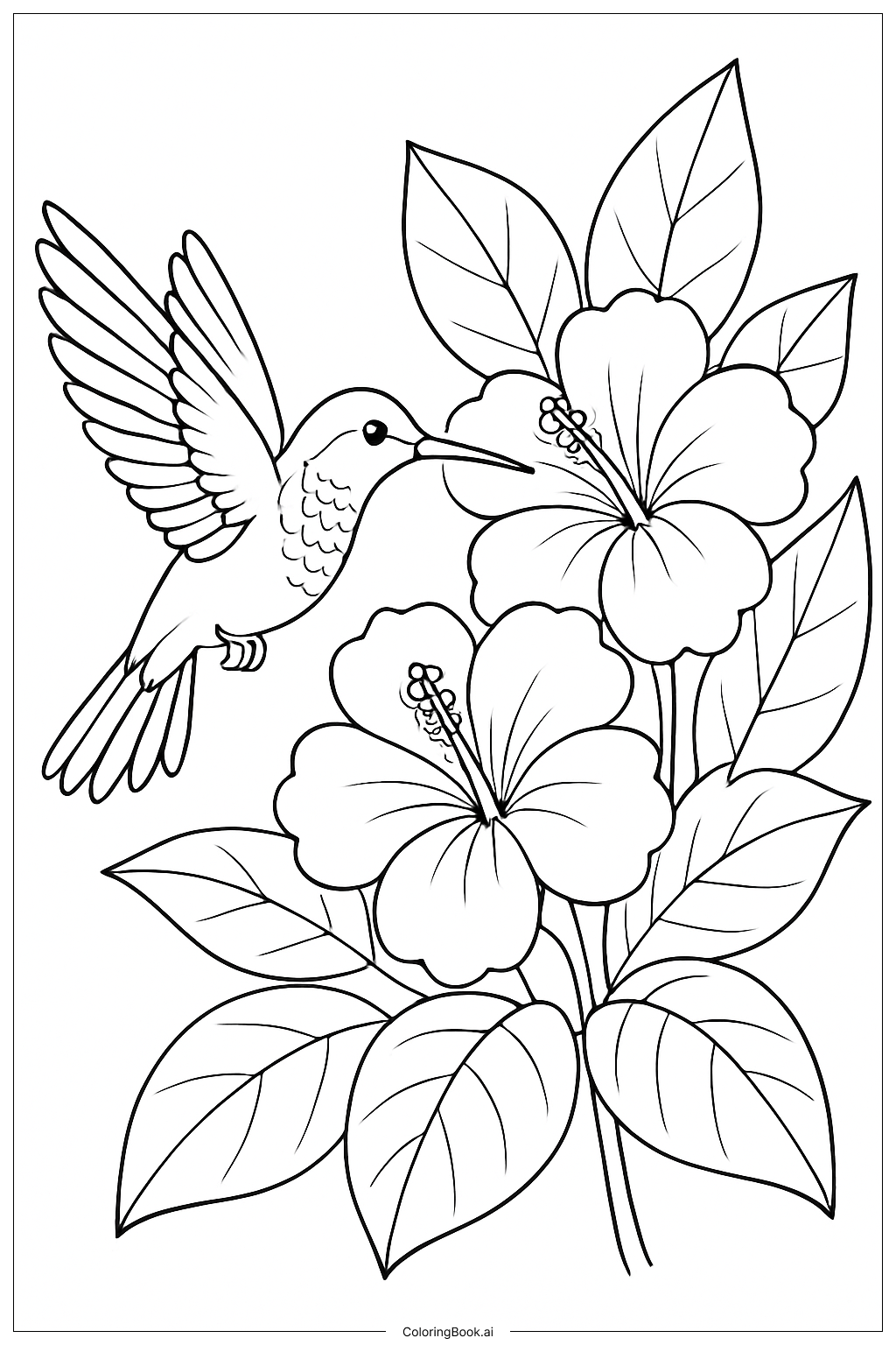 Página para colorir de Beija-flor Perto de Flores Tropicais 
