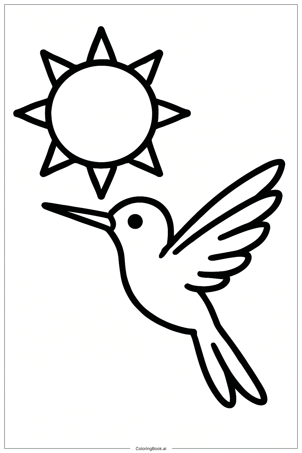  Página para colorir de Beija-flor ao Lado de um Sol Grande 