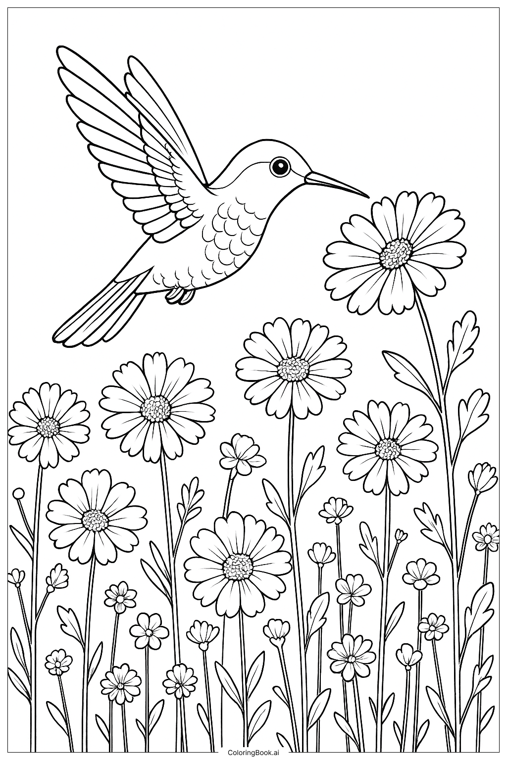 野花畑の上のハチドリの塗り絵ページ